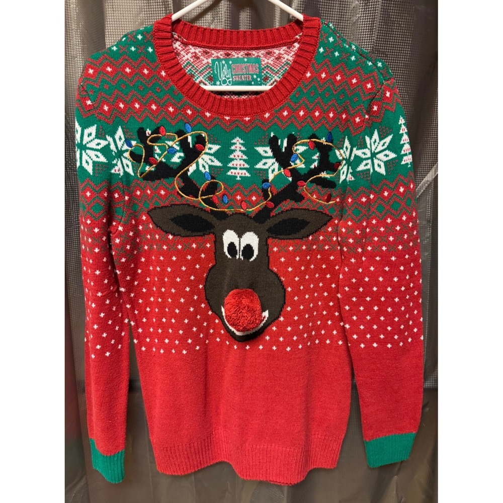 Ugly Christmas Sweater Rudolph Reindeer Medium Double Sided Poopin Peppermints